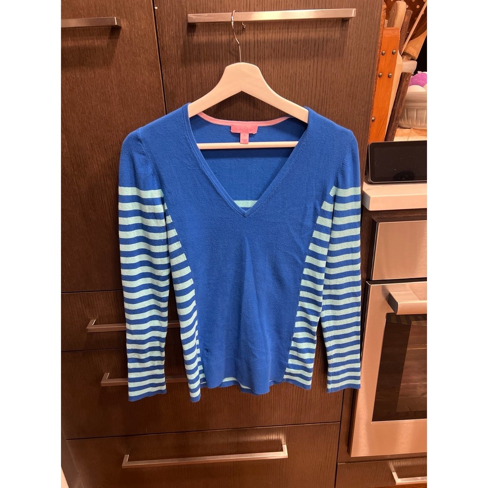 Lilly Pulitzer Adelaide Striped/Solid Royal Aqua Blue V-Neck women's small